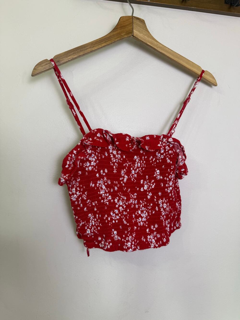 Pink Rose Floral Print Ruched Body Spaghetti Straps Red Crop Top M